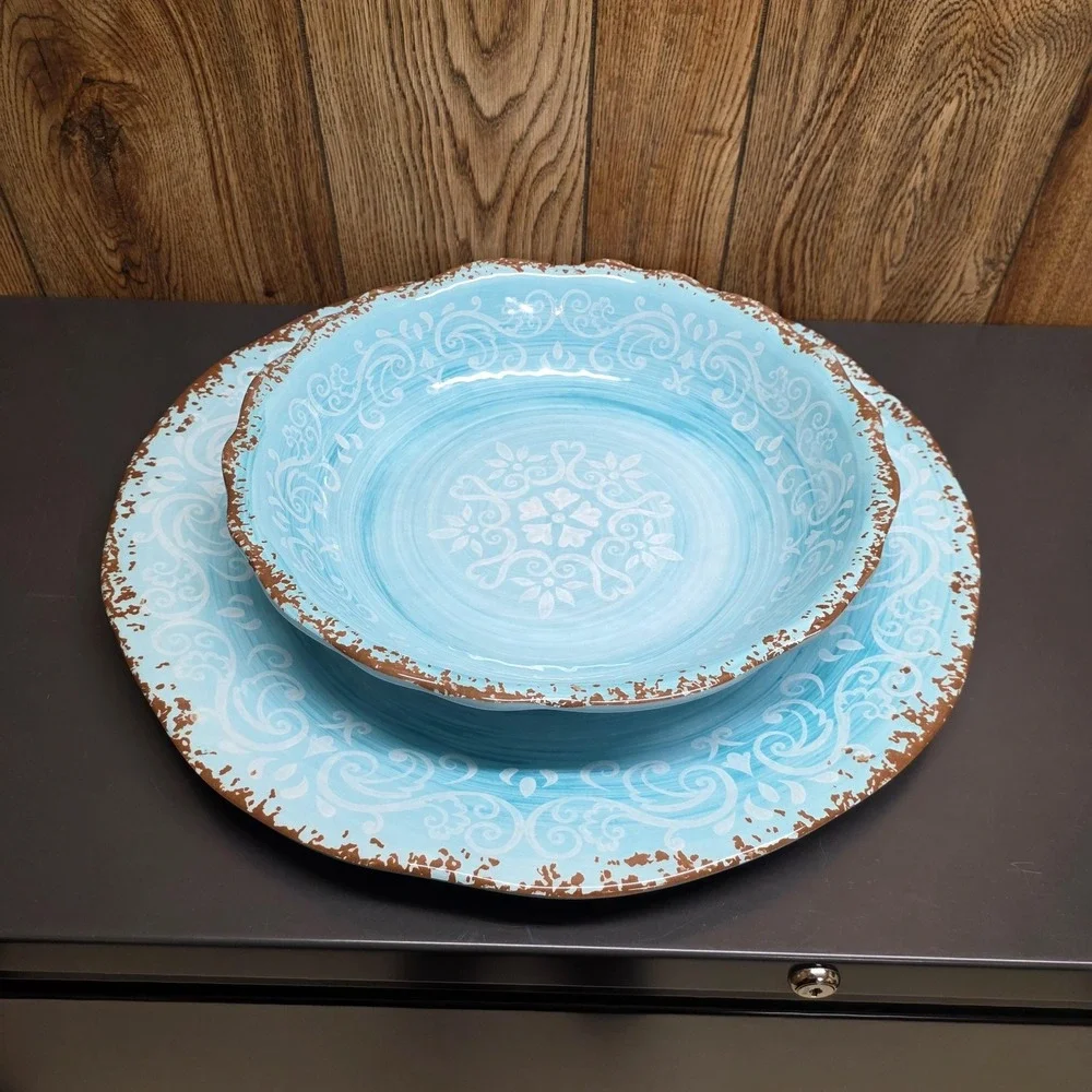 Cynthia Rowley Large Blue Melamine Serving Platter & Bowl Set Floral Farmhouse